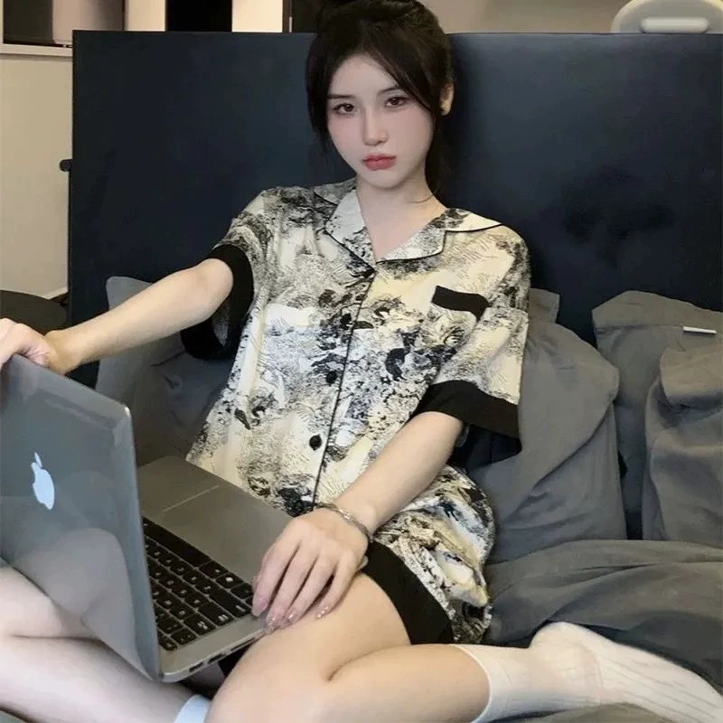 Новый национальный стиль чернил роспись пижамы женские летние шорты с коротким рукавом милые домашние костюмы из двух частей