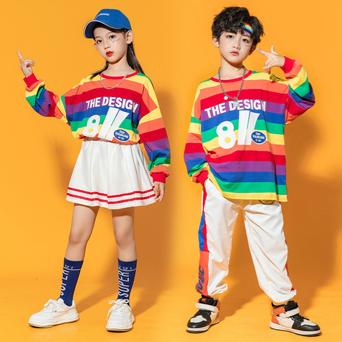 Children boys girls rainbow striped hiphop street dance outfits cheerleading toddlers performance costumes rap gogo dancers sports performance clothing for kids
