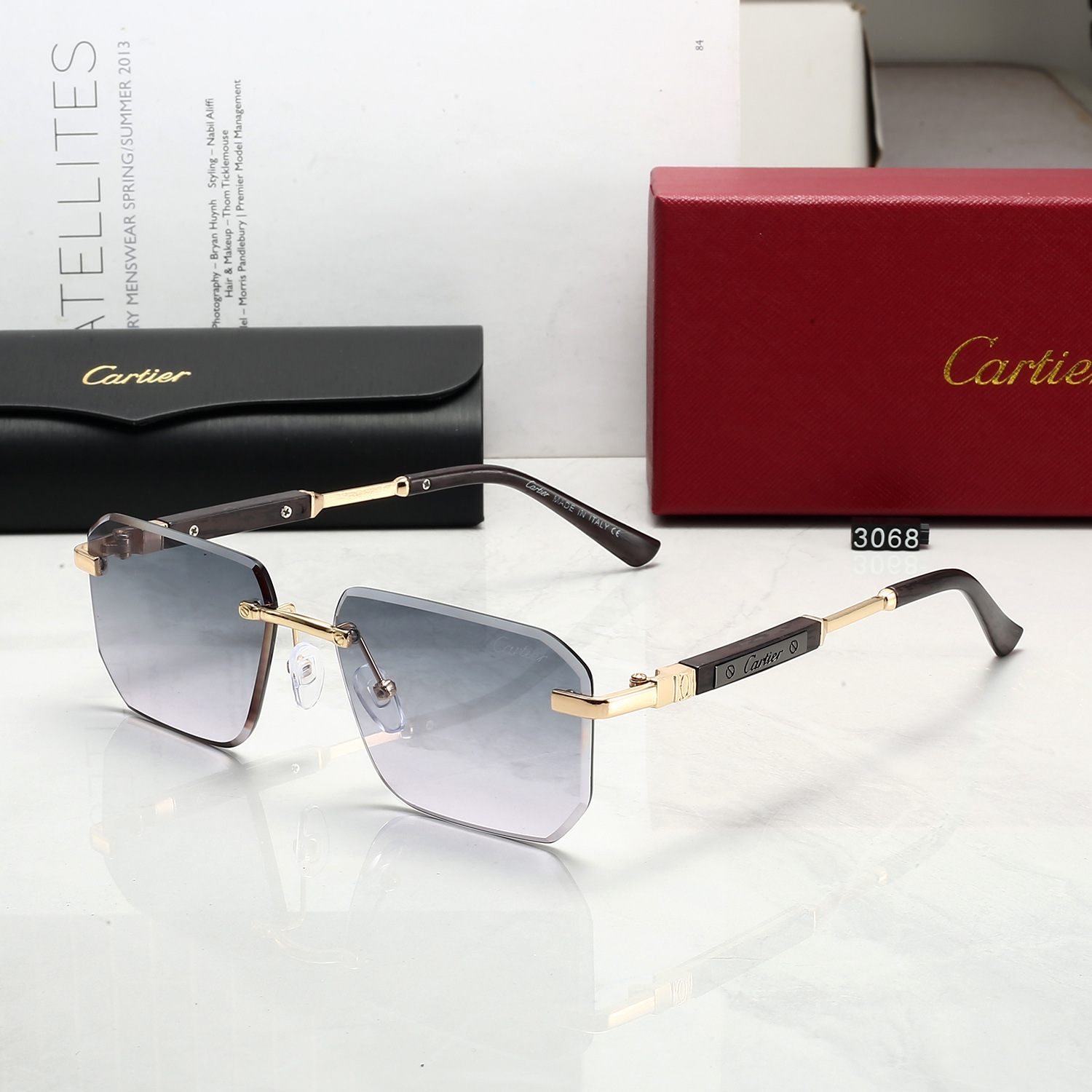 Cartier Panthère Square-Frame Metal Sunglasses Gold Brown Grey Gradient (3068)