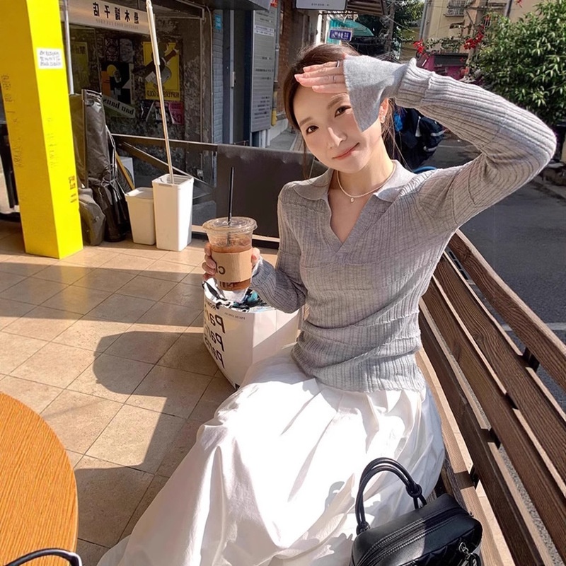 Factory Ready-Made Autum Polo Lapel Pullover Bottoming Knitwear Women's Slim Thin Fashion Long-Sleeved Knitwear Top