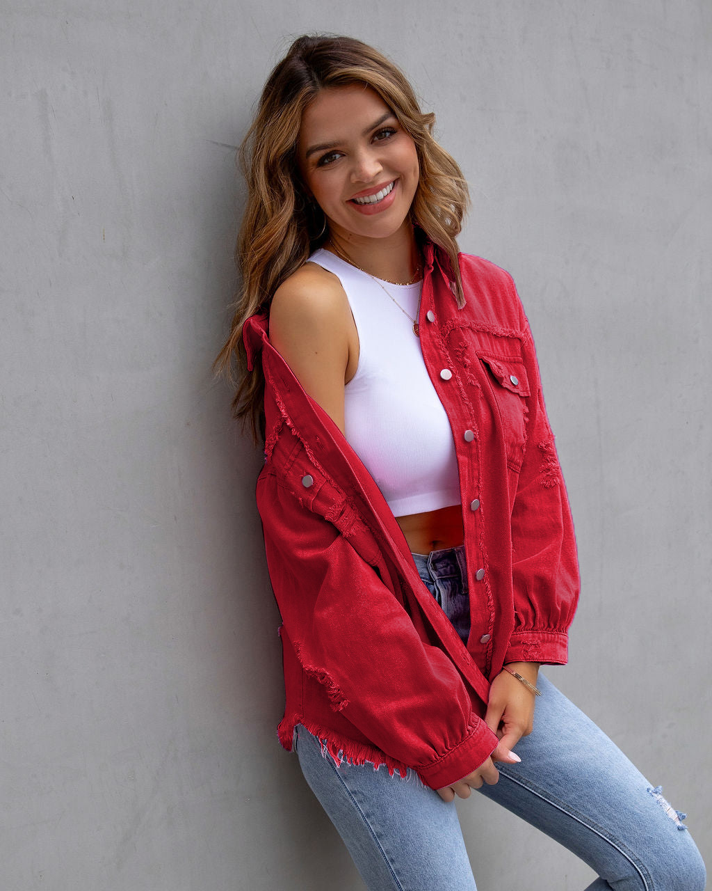 Giacca di jeans donna con volant strappata bavero manica lunga_voghion.com