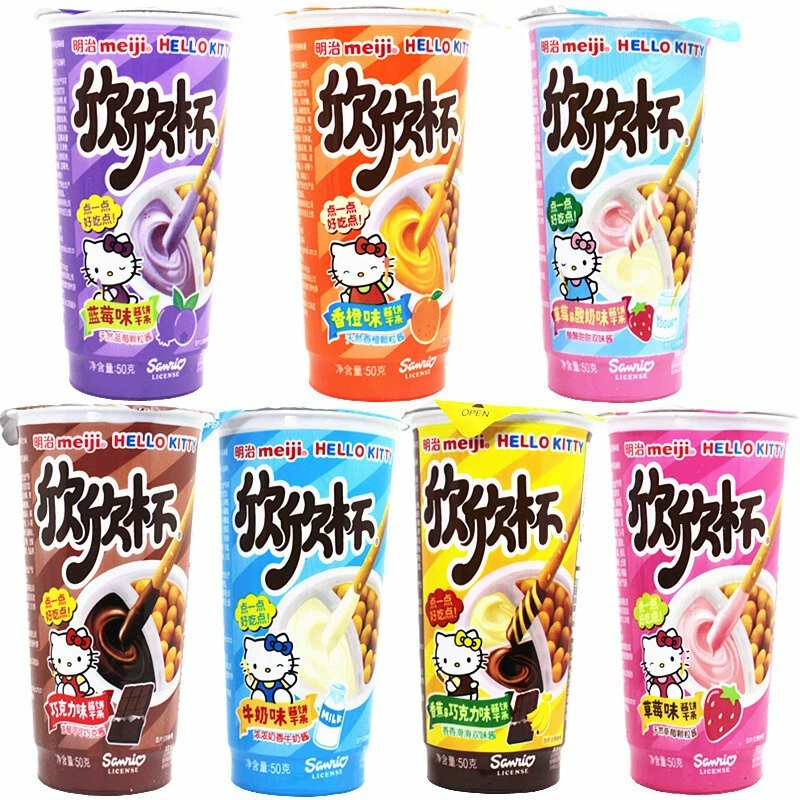 Шоколадные печенья Snack Meiji Xinxin Cup с соусом для окунания, чашка 50 г, ассорти молочный/шоколадный/клубника/йогурт