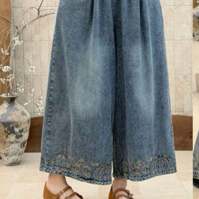 2025 Spring Women's Pants Soft Denim Retro Embroidery Ethnic Style Elastic Waist Versatile Casual Plus Size Wide-Leg Pants 6132 2025 Spring Women's Pants Soft Denim Retro Embroidery Ethnic Style Elastic Waist Versatile Casual Plus Size Wide-Leg Pants 6132