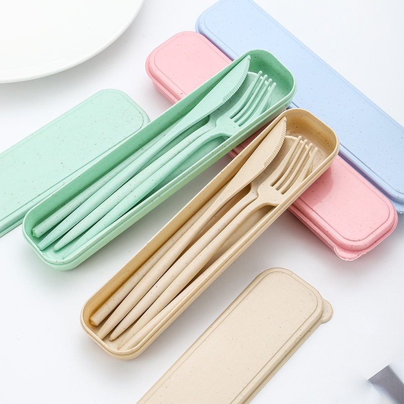 Amazon Cross-border Wheat Straw Knife, Fork, Spoon, Chopsticks Set Student Portable Tableware Four-Piece Set Small Gift with Logo Printing