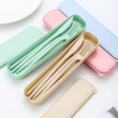 Amazon Cross-border Wheat Straw Knife, Fork, Spoon, Chopsticks Set Student Portable Tableware Four-Piece Set Small Gift with Logo Printing