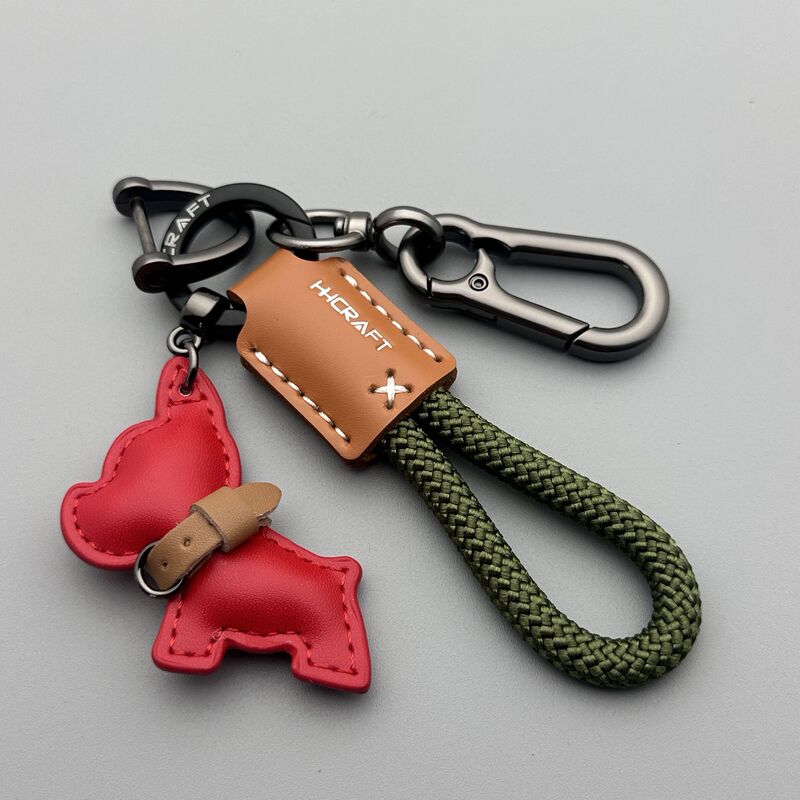 漫画かわいいフレンチブルドッグ子犬キーホルダーペンダント車のキーチェーンリング革手織りロープバッグペンダント|undefined