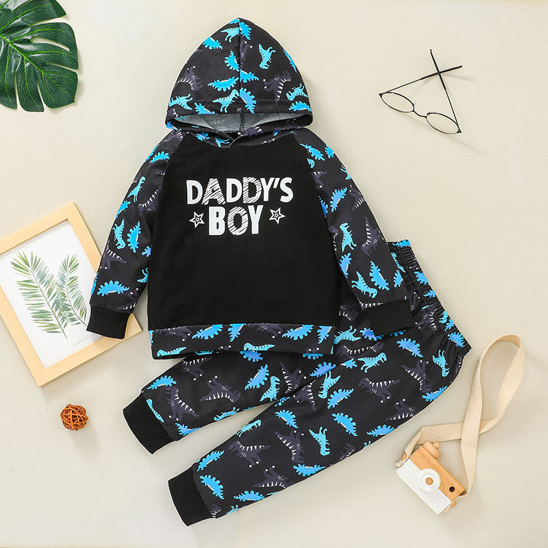 Foreign Trade 2021 Boys' Fashionable Sweater Suit Korean Style Children Printed Hooded Pullover Trousers Two-piece Suit display picture 1