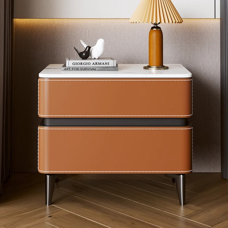 Mesita de noche de cuero estilo saddle para dormitorio, moderna 2023, de lujo ligero, con acabado mate pizarra, mueble de almacenamiento, minimalista italiano, de madera maciza