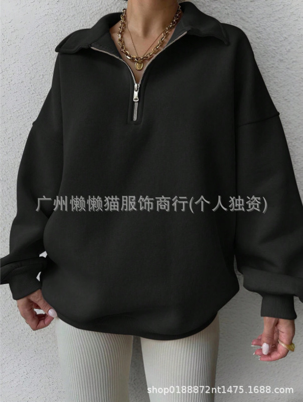2025新款亚马逊春秋新款女式纯色宽松半拉链开襟长袖简约休闲卫衣|undefined