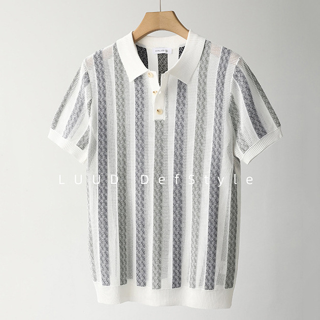 Polo camiseta de punto camiseta de manga corta camiseta de hombre solapa rayas huecas viejos vientos de alto nivel de verano fábrica transfronteriza al por mayor