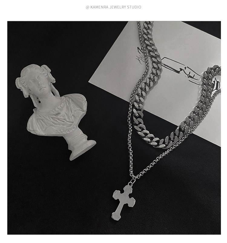 New Hot INS Dark Wind Cross Pendant Hip Hop Personality Double Layer Design Titanium Steel Necklace Men's Chain Sweater_voghion.com