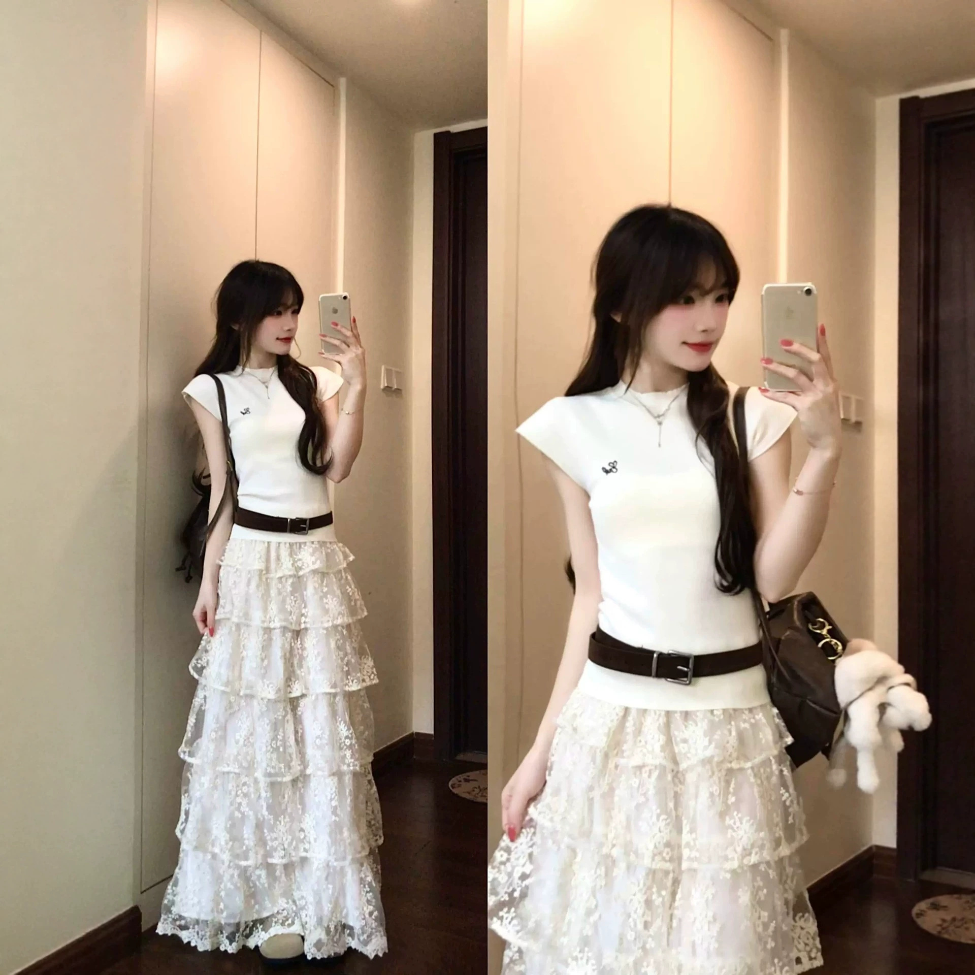 Summer's beautiful and playful little outfit in Korean style: unique and stunning cinched-waist top and lace tiered skirt