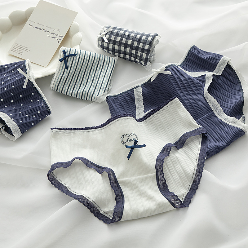 Cute Navy Blue Japanese Style Women's Pure Cotton Underwear Women's Pure Cotton Style Girl's Mid-Waist Knitted Student's Triangle Shorts