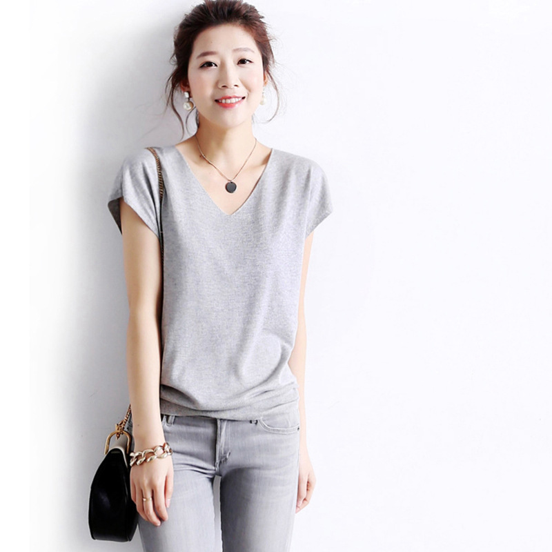 V-Neck Loose Knitted Short-Sleeved T-Shirt for Women 2024 New Short Top Summer Bottoming Shirt with Niche Design