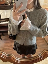 韩系学院风假两件边麻花毛衣开衫女短款百搭圆领拼接针织衫春2025