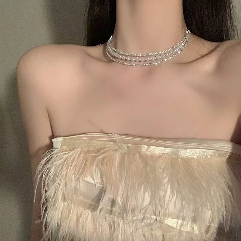 正宗简约双层锆石choker珍珠项链项圈女新款小众锁骨链颈环颈女神