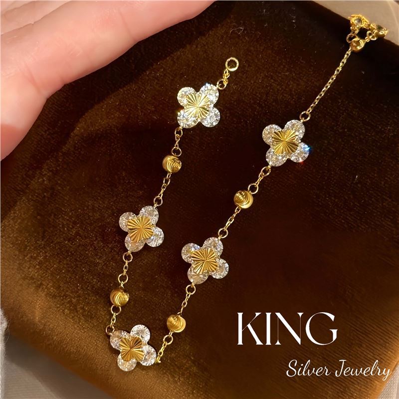 四叶知秋 | king银饰珠宝S925银镀金镭射四叶花CNS女时尚纯银手链|undefined