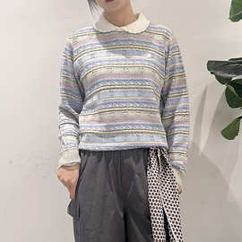2026春季新款女装甜美风拼接娃娃领宽松长袖毛针织衫上衣 3K1EE12