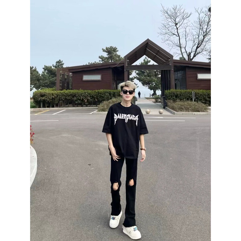 American-style High Street Ins Black Ripped Jeans with Micro-pants Leg Straight Leg Slim Look Tall Slim-fit Pants for Men