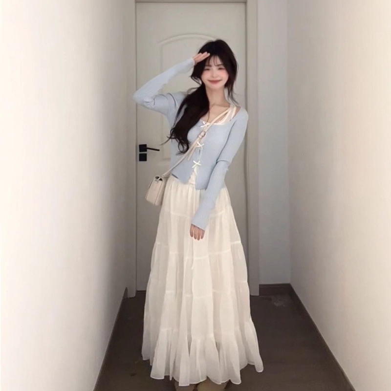 小个子女生的春秋时尚流密码蓝色纯欲风蝴蝶结假两件上衣配半身裙|undefined