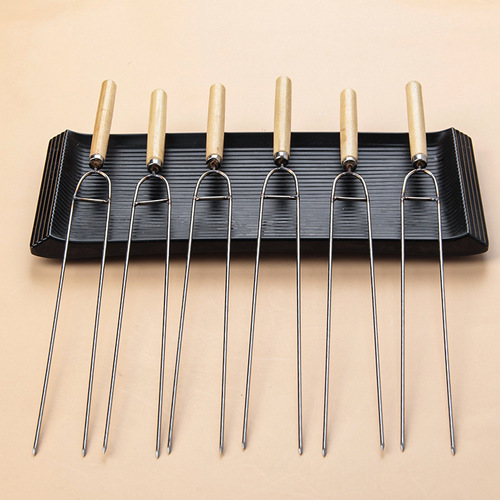 Manufacturer wholesale stainless steel barbecue fork U-shaped chicken wing fork barbecue skewers wooden handle skewers grilling needle round flat skewers barbecue supplies