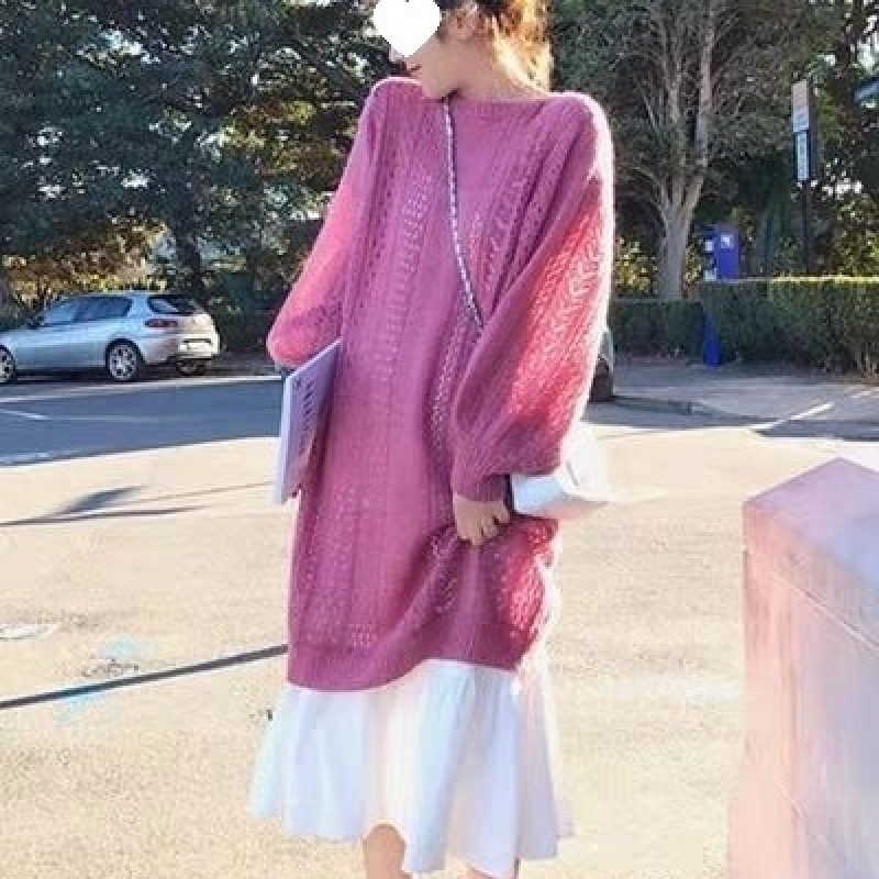 Women's Dress with Hollow-Out Knit Sweater, 2026 Spring New Korean Style Dress Set, Two-Piece Dress