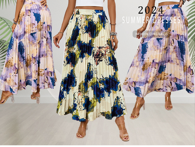 320g Weight Maxi Long Dress Dress Length Type Pleated Skirt Dresses Type Polyester Fabric Type Mid Waist Waist Line Inelastic Elasticity Holiday, Daily Occasion Regular Fit Fit Type Oil Painting Pattern Summer Season Women's Gender Casual Style Summer Casual Oil Painting Polyester Maxi Long Dress Skirts 无