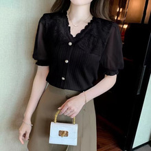 夏装2024新款蕾丝花边V领短袖针织衫女修身显瘦雪纺泡泡袖上衣服