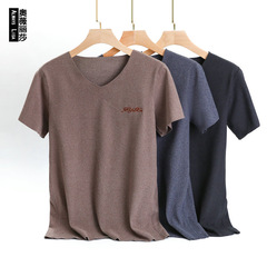 V-neck loungewear top with velvet, seamless, warm insulation short-sleeve t-shirt for men, with extra padding, heating base layer shirt, autumn and winter half-sleeve