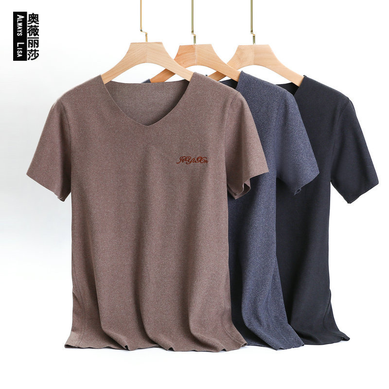 V-Neck Home Top Velvet Seamless Warm Short-Sleeved T-Shirt Men's fleece-lined Thickened Heating Base Shirt Autumn and Winter Half-Sleeved