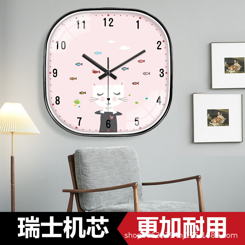 Cat Children's Room Wall Clock Pink Girls Boys Bedroom Cartoon Cute Clock Nordic Simple Living Room Clock
