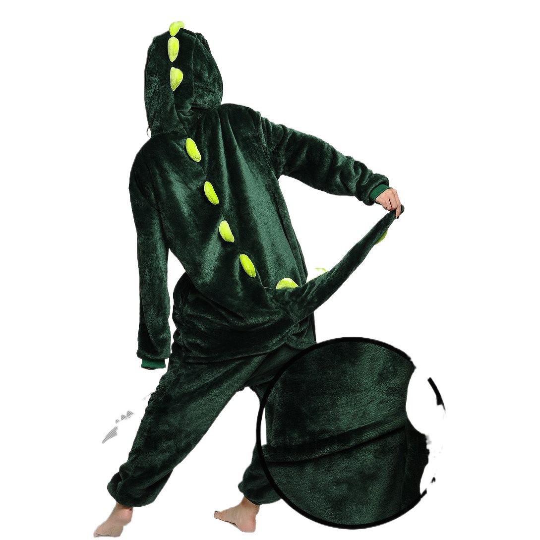 Autumn and winter flannel animal cartoon one-piece pajamas men and women adult couples home clothes Green Dragon wholesale