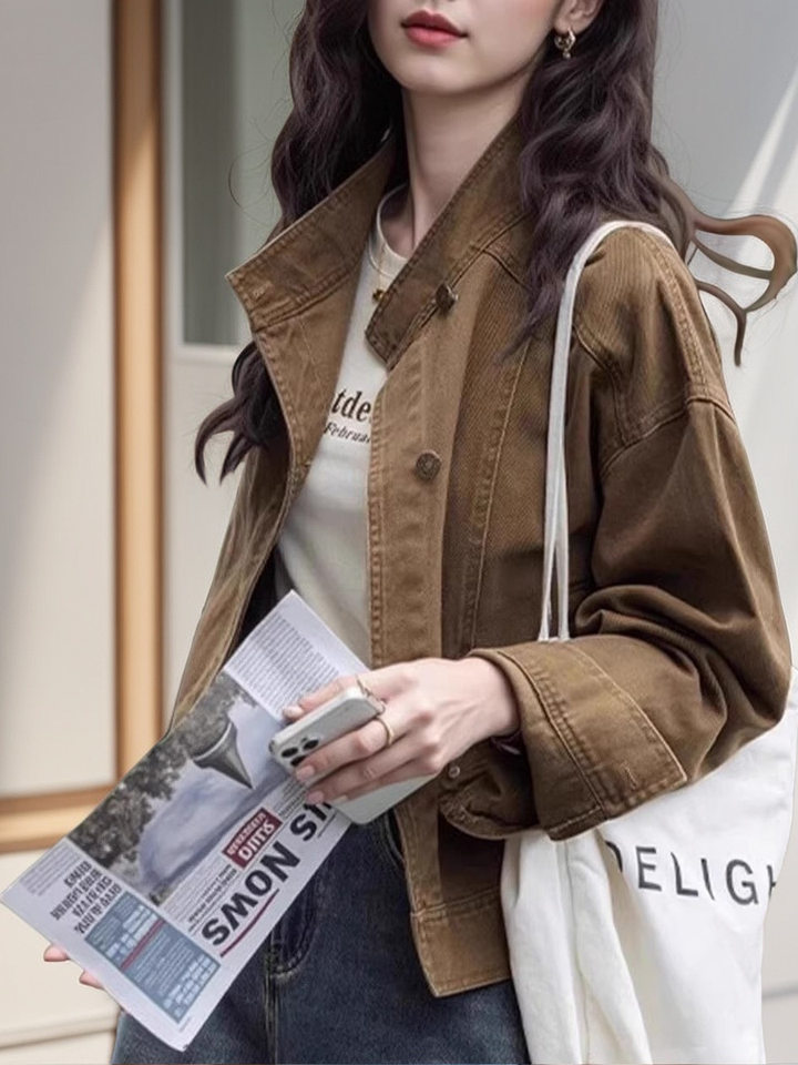 Áo khoác ngắn denim màu nâu cà phê dáng rộng cổ đứng tay dài — Màu nâu (màu cà phê trà)