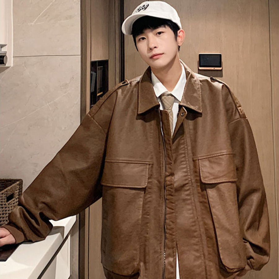 2025 American Leather Jacket Men's Trendy Brand Retro Handsome Motorcycle Jacket Top Autumn and Winter High Street Loose Jacket