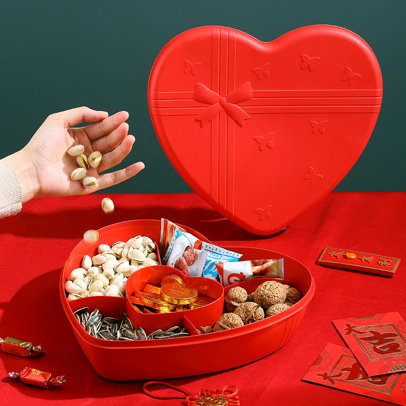 New Chinese Wedding Wedding Festive Heart-shaped Candy Box Household Living Room Fruit Plate Red Melon Seed Snack Dried Fruit Plate