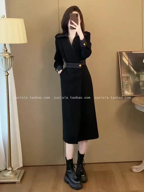 法式赫本风气质黑色长袖衬衫连衣裙女秋季大码胖mm收腰显瘦长裙子|undefined