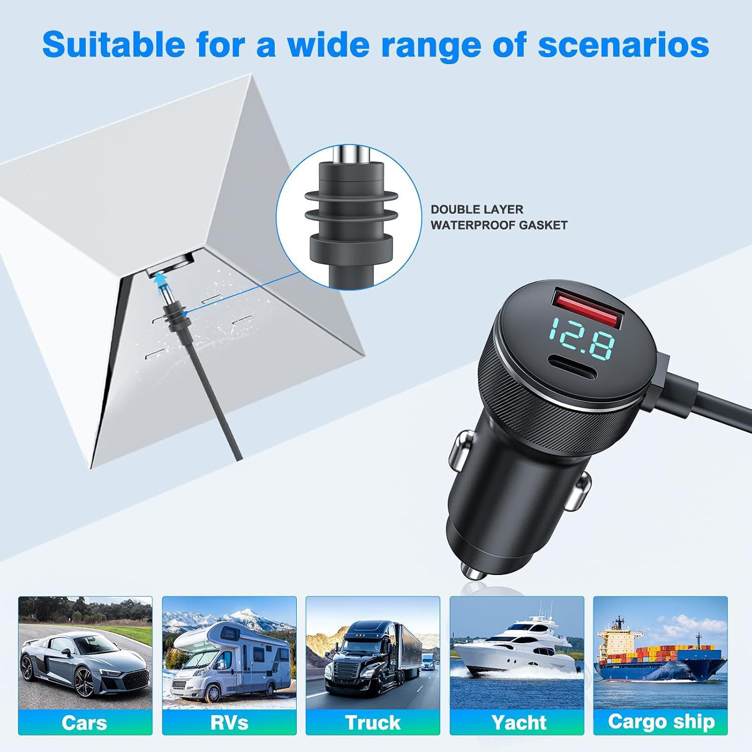 Amazon's Popular Fourth Generation Mi Mini Ni Digital Display Three-Purpose Waterproof Car Charger Car Cigarette Lighter Car Charging Power Cord
