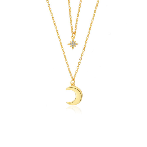 Yuanfan s925 sterling silver double layer moon necklace women's niche eight-pointed star zircon clavicle chain autumn and winter sweater chain