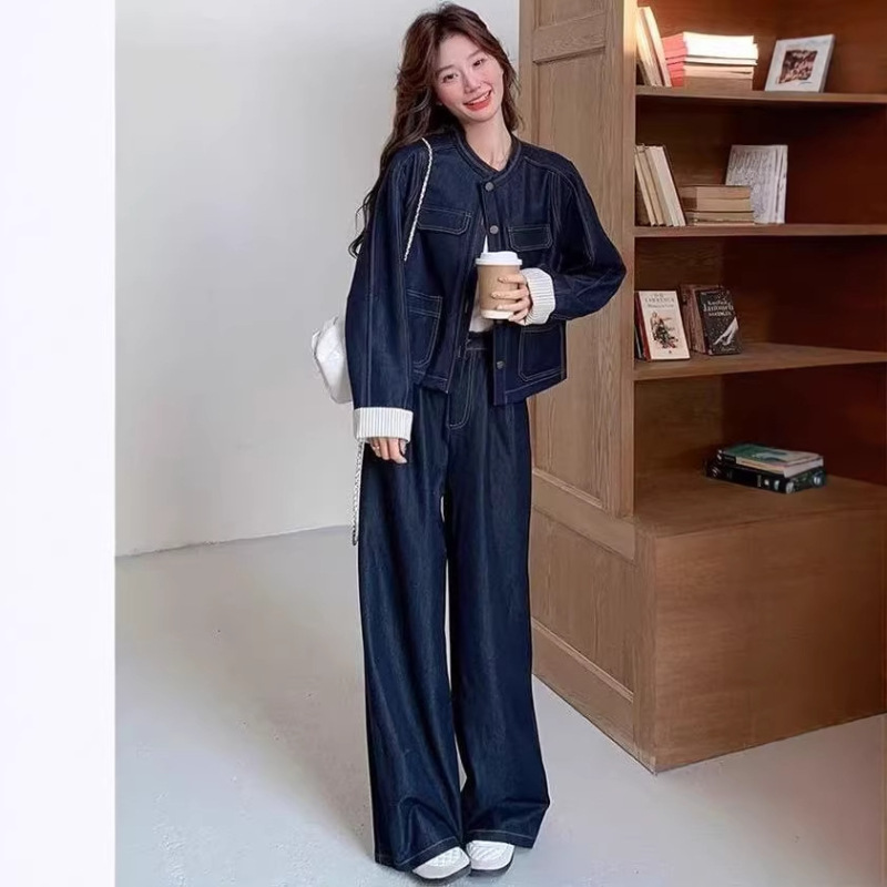 Spring and Autumn Denim Outfit for Young Mothers, Plus-Size Round-Neck Jacket and Wide-Leg Pants, High-End Unique Two-Piece Set