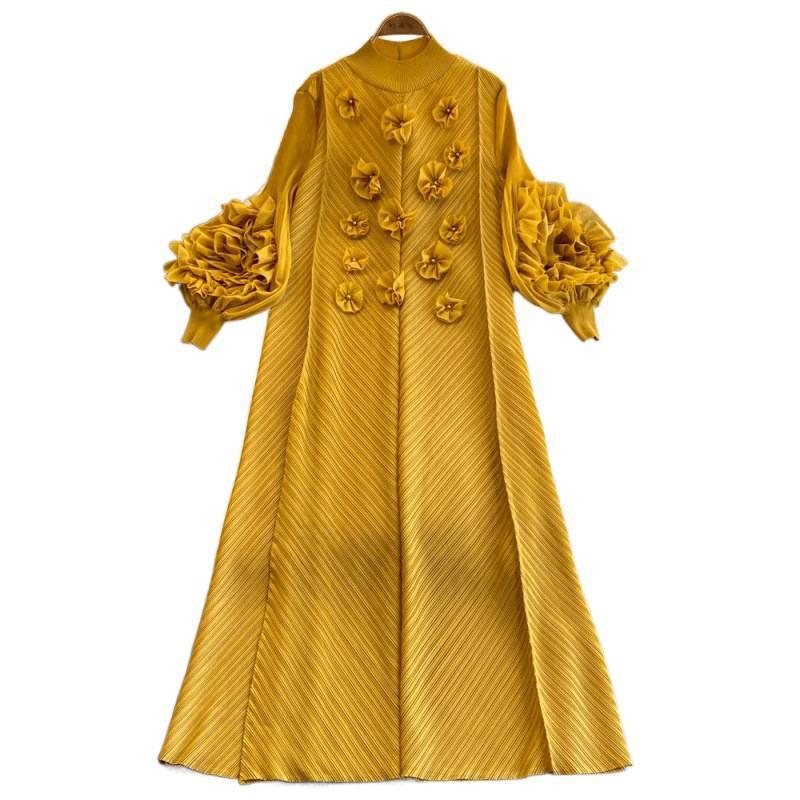 Elegant Women's Beaded 3D Floral Dress Pleated Puff Sleeves Slimming Long plus Size Stretchy Spring Style Cross Border_ecoleips.com