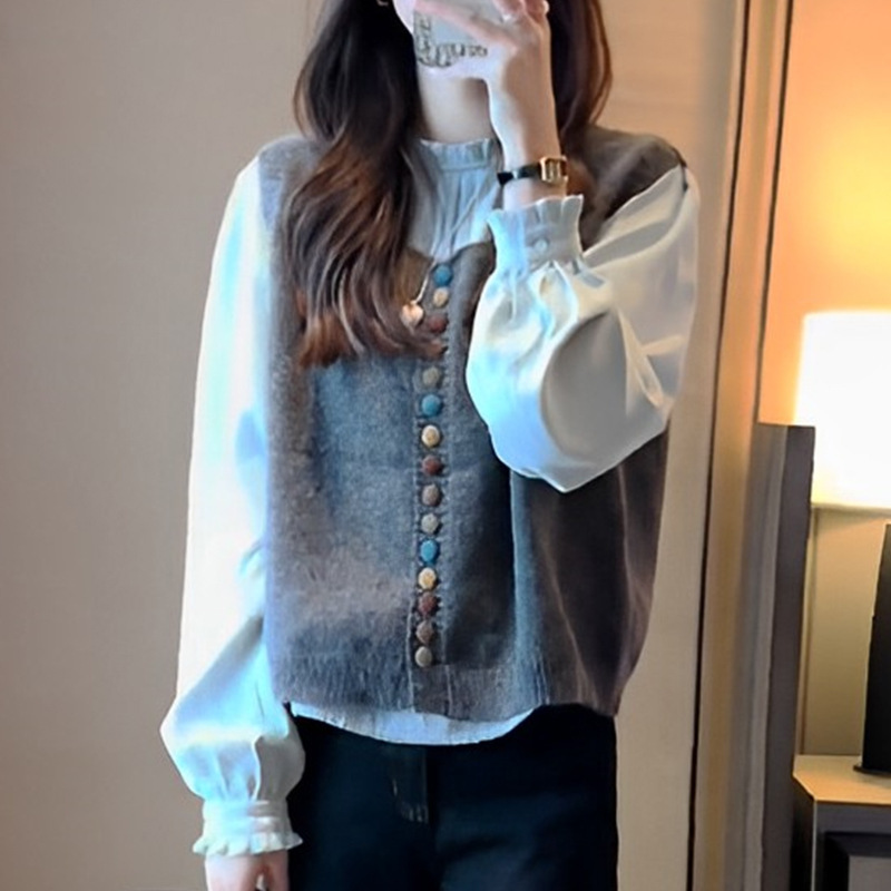 秋装女2025年新款时尚套装法式设计感长袖衬衫针织马甲阔腿牛仔裤|undefined