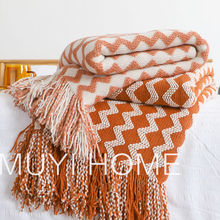 北欧橙色针织流苏装饰毯民宿沙发毯床尾毯床尾巾盖毯休闲搭毯搭巾