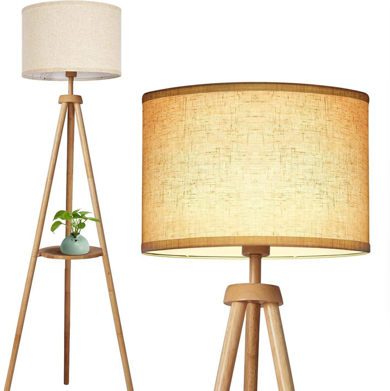Wooden Tripod Floor Lamp with Foot Switch, 9W 3-Color Dimmable Floor Lamp with Storage Rack, Ambient Light, Dimmable