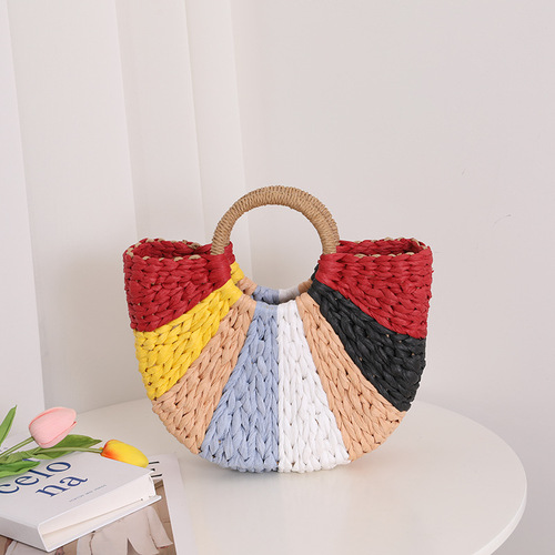 Half-moon rainbow hand-held grass bag woven bag new color clash hand-held grass-woven bag Bali vacation beach bag for women