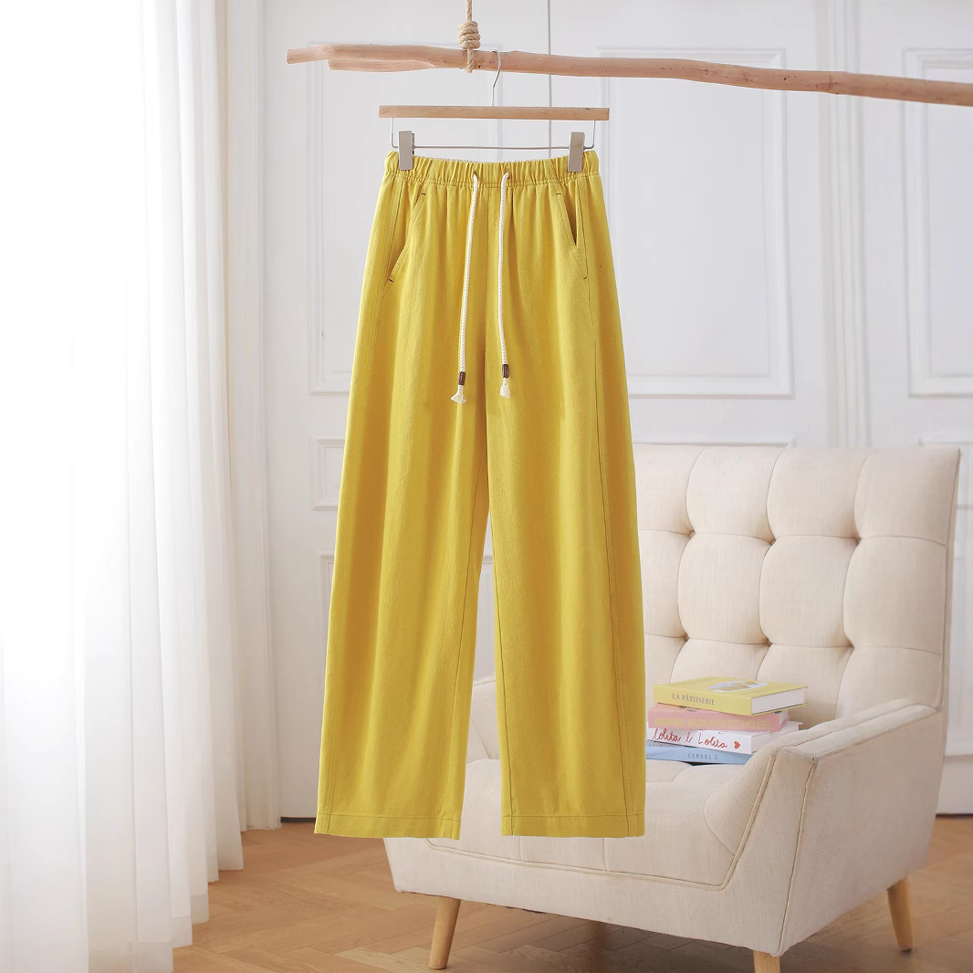 深圳南油夏季新款高腰亚麻面料透气休闲裤松紧腰纯色简约直筒裤