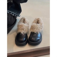 厚底增高粗跟毛毛鞋女2025新款一脚蹬加绒保暖棉鞋高跟小皮鞋单鞋