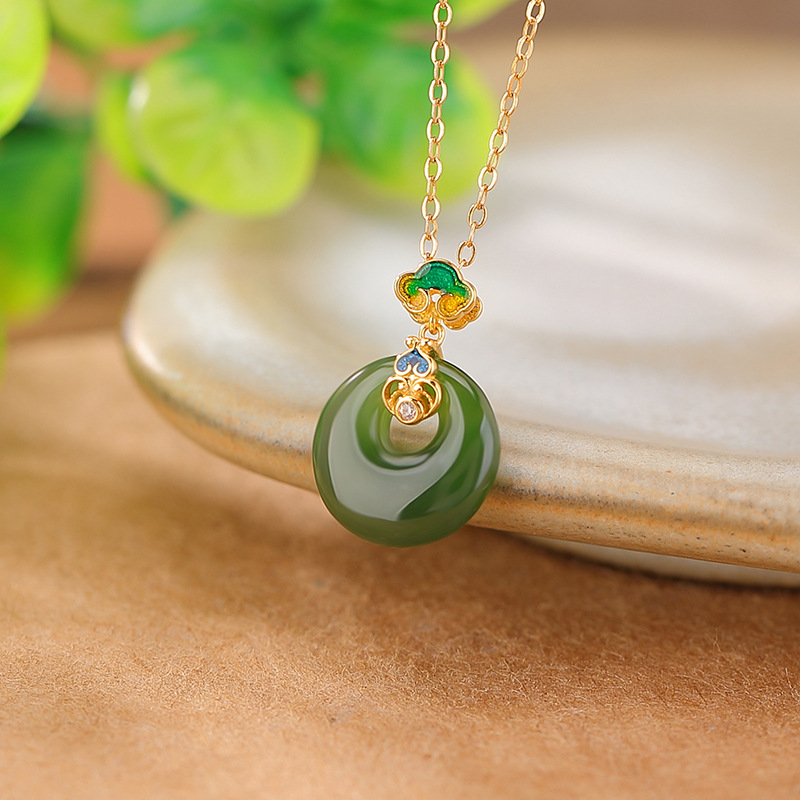 Mặt dây chuyền bạc S925 mạ vàng hình Ruyi khóa an toàn, phong cách quốc gia — Mẫu bạc ngọc bích Hetian (không có dây chuyền)