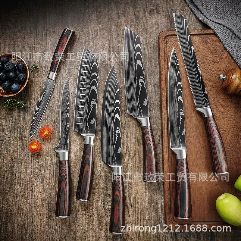 跨境大马士革钢纹纹厨师刀水果刀不锈钢刀具套装日式刀三德刀菜刀