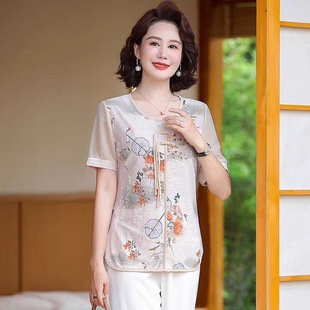 Mom's Summer Short-sleeved T-shirt Top 2025 New Western Style Women's Wear for 50 Years Old New Chinese Style National Style Small Shirt