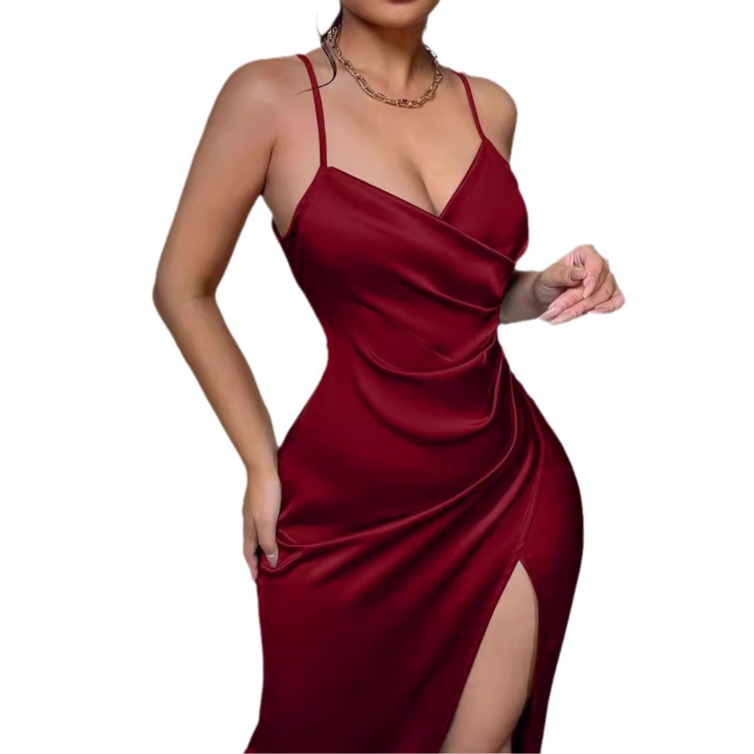 Dameskleding stijl rugstrik ruches zijkant wikkel zoom satijnen jarreteljurk banket sexy avondjurk_voghion.com